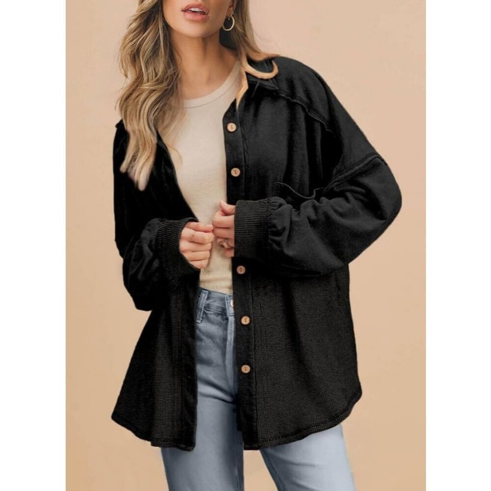 Women's Knit Loose Long Sleeve Black Fashion Button Down Shirt Jacket Tops - Picture 2 of 7